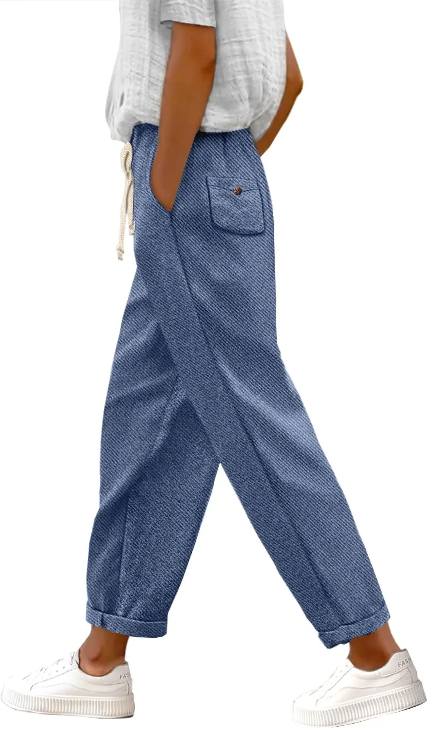 YESNO Women's Casual Straight Leg Pants Fall Drawstring Elastic High Waist Woolen Tapered Trousers with Pockets PWT