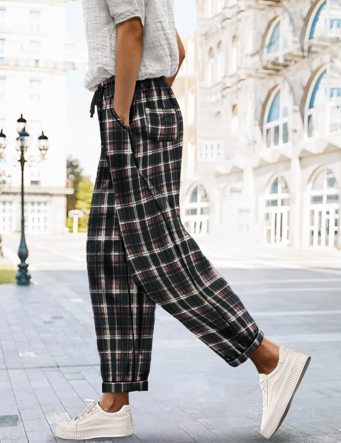 YESNO Women's Casual Straight Leg Pants Fall Drawstring Elastic High Waist Woolen Tapered Trousers with Pockets PWT