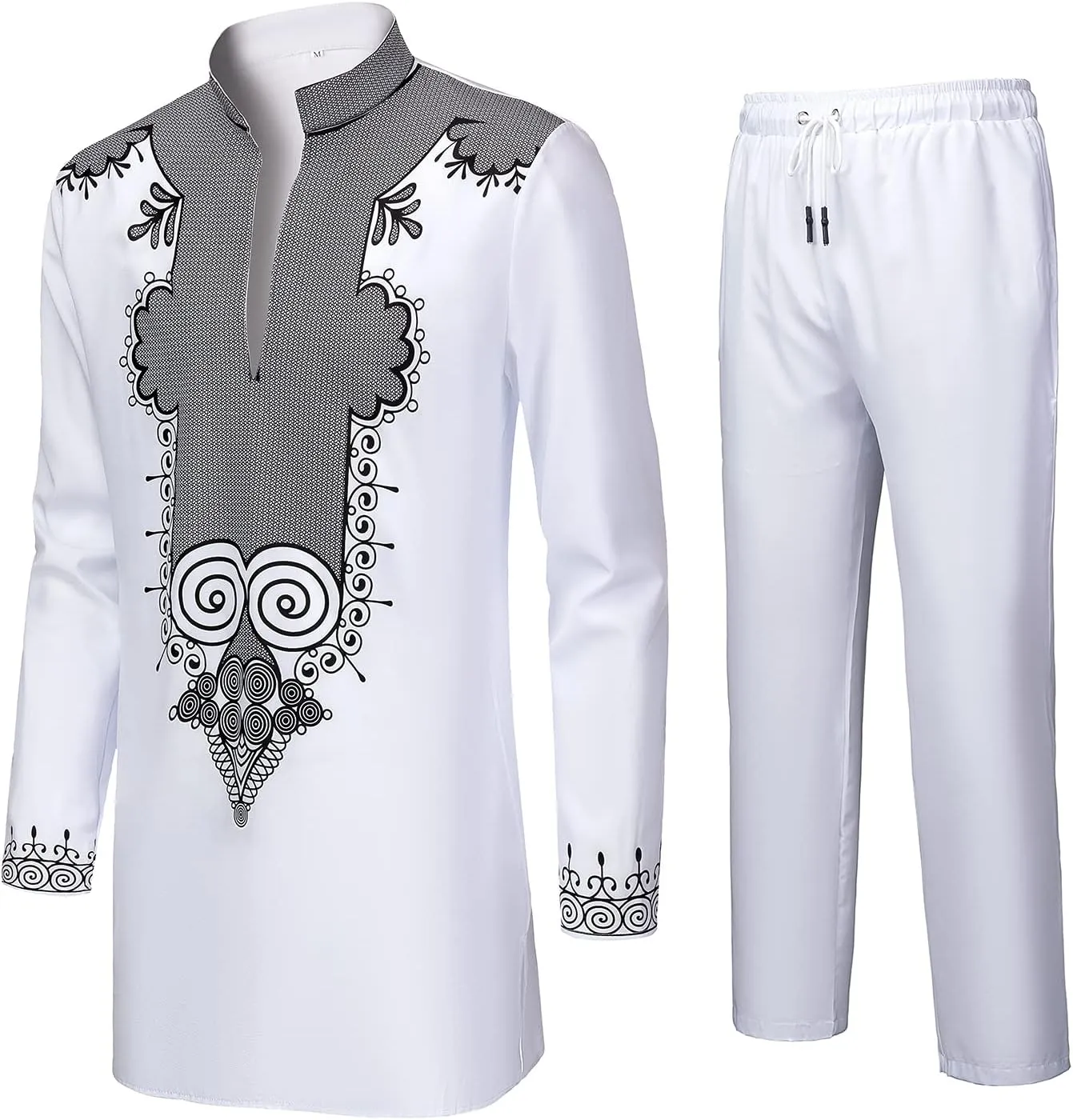 YND Mens 2 Piece Set African Dashiki Shirt and Pants, Outfit with Gold Print