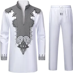 YND Mens 2 Piece Set African Dashiki Shirt and Pants, Outfit with Gold Print