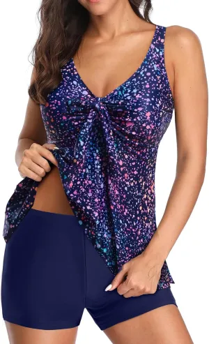 Yonique Women 2 Piece Flowy Tankini Swimsuits with Boyshorts V Neck Swim Tank Tops Bathing Suits Modest Swimwear