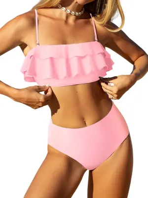 ZAFUL Layered Ruffle Bikini for Women High Waisted Bikini Sets Spaghetti Bandeau Swimsuits Padded Bathing Suit