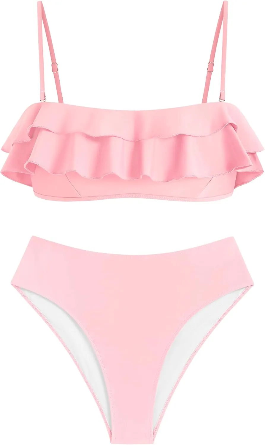 ZAFUL Layered Ruffle Bikini for Women High Waisted Bikini Sets Spaghetti Bandeau Swimsuits Padded Bathing Suit