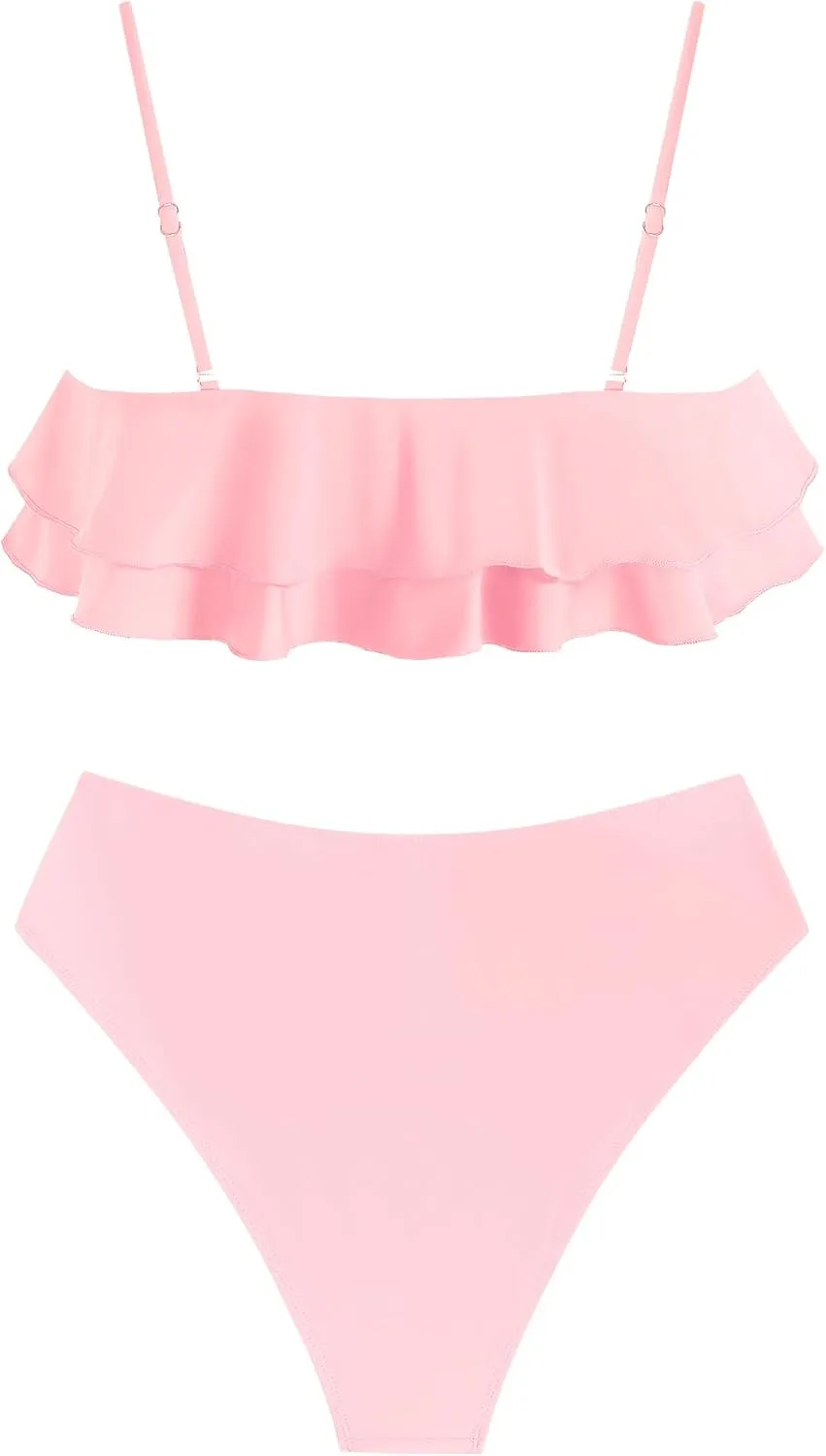 ZAFUL Layered Ruffle Bikini for Women High Waisted Bikini Sets Spaghetti Bandeau Swimsuits Padded Bathing Suit