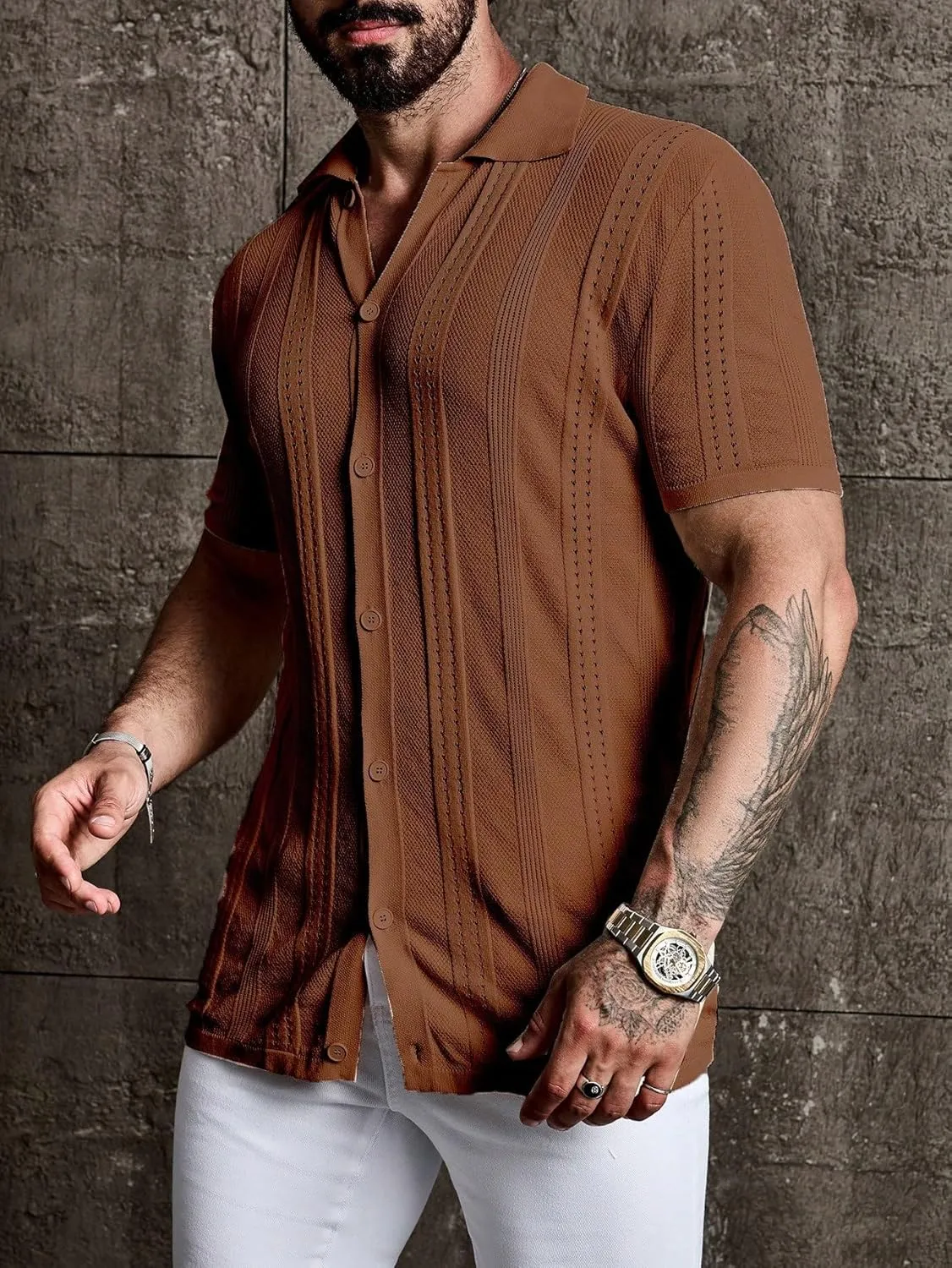 ZAFUL Mens Casual Shirts Cuba Collar Openwork Solid Color Knit Button Down Short Sleeve Shirt Top