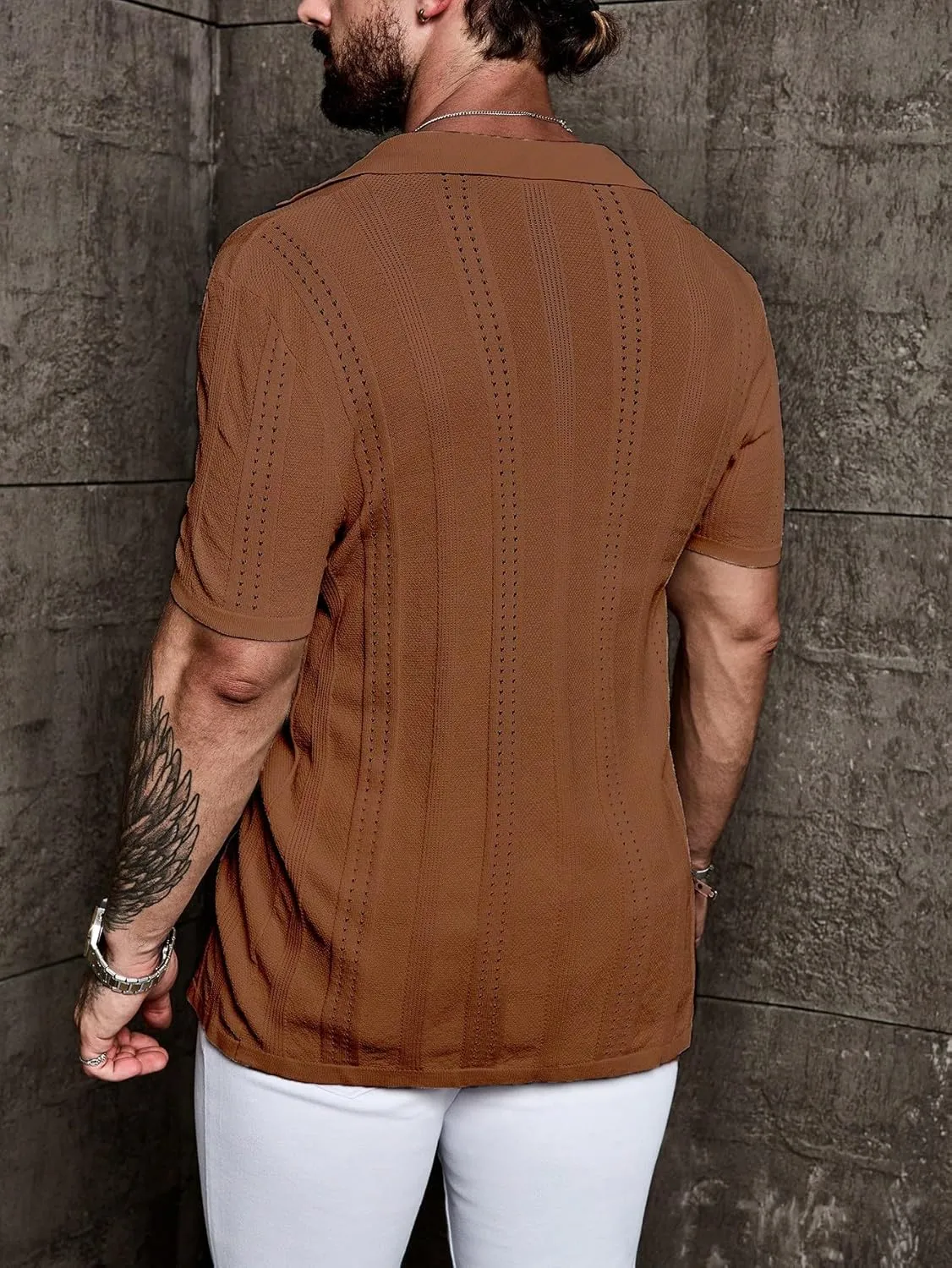 ZAFUL Mens Casual Shirts Cuba Collar Openwork Solid Color Knit Button Down Short Sleeve Shirt Top