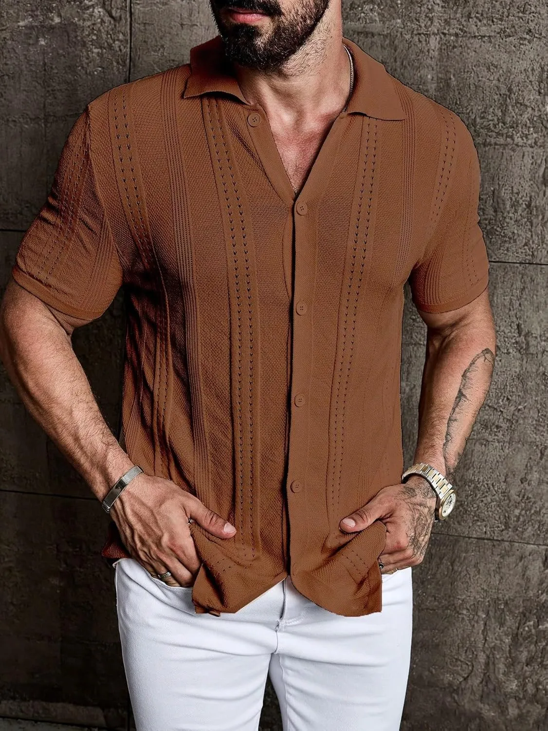 ZAFUL Mens Casual Shirts Cuba Collar Openwork Solid Color Knit Button Down Short Sleeve Shirt Top