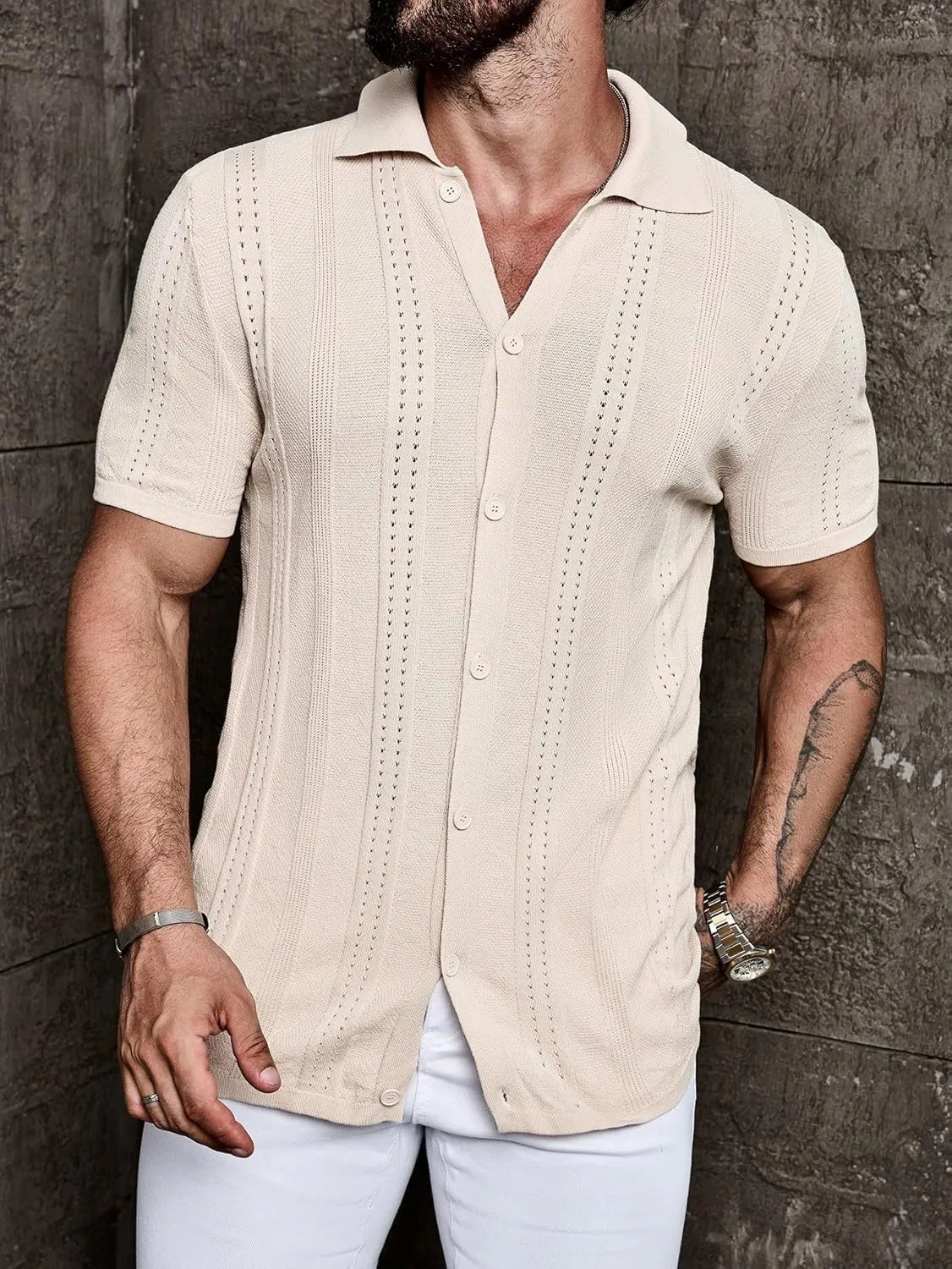 ZAFUL Mens Casual Shirts Cuba Collar Openwork Solid Color Knit Button Down Short Sleeve Shirt Top