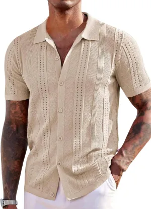 ZAFUL Mens Casual Shirts Cuba Collar Openwork Solid Color Knit Button Down Short Sleeve Shirt Top