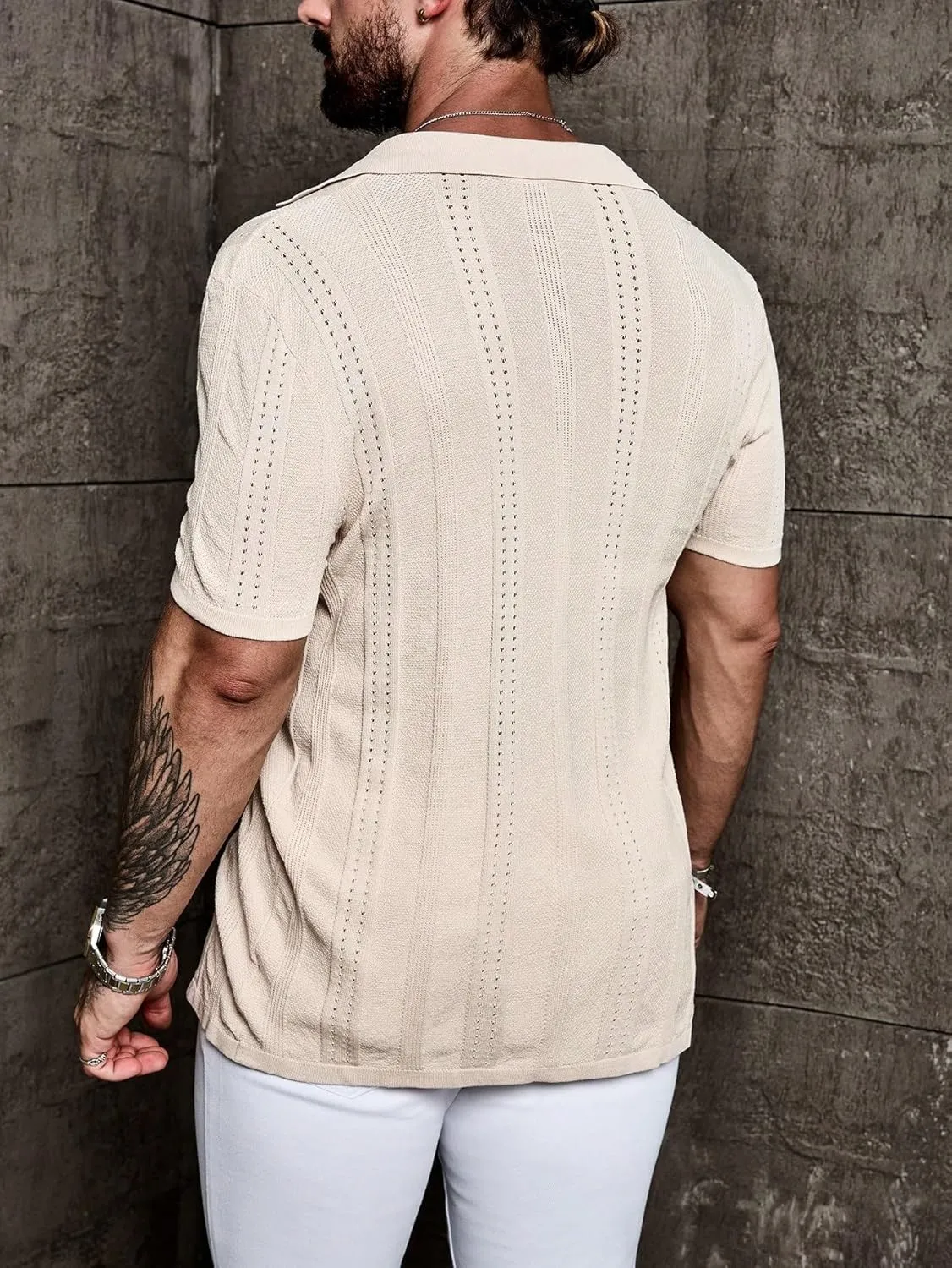 ZAFUL Mens Casual Shirts Cuba Collar Openwork Solid Color Knit Button Down Short Sleeve Shirt Top