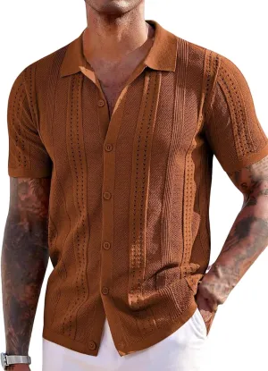 ZAFUL Mens Casual Shirts Cuba Collar Openwork Solid Color Knit Button Down Short Sleeve Shirt Top