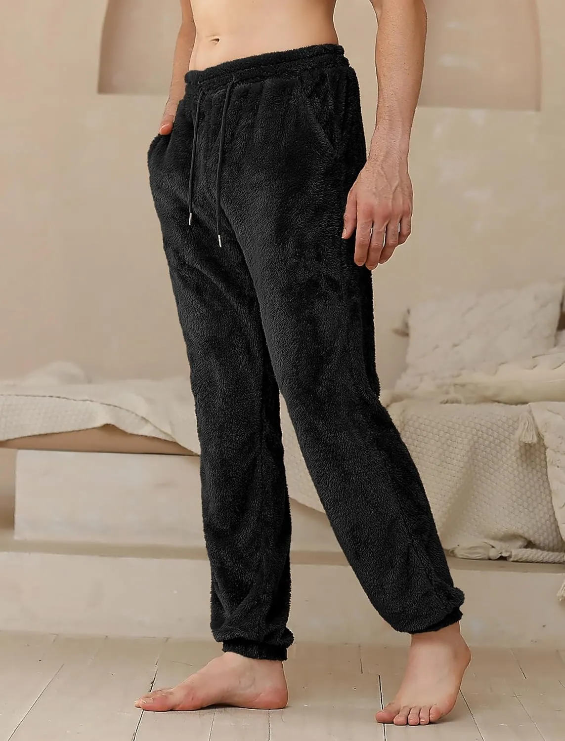 ZAFUL Mens Fluffy Teddy Beam Feet Plush Fuzzy Warm Pajama Pants Sleepwear Loungewear Trouser with Pockets