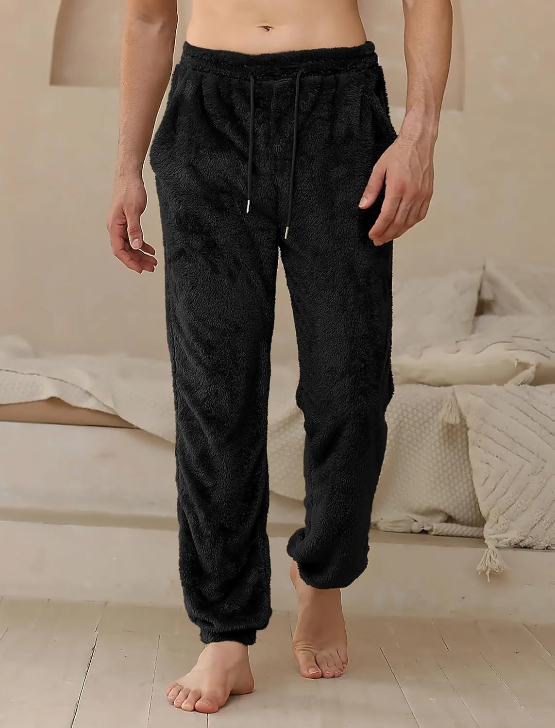 ZAFUL Mens Fluffy Teddy Beam Feet Plush Fuzzy Warm Pajama Pants Sleepwear Loungewear Trouser with Pockets