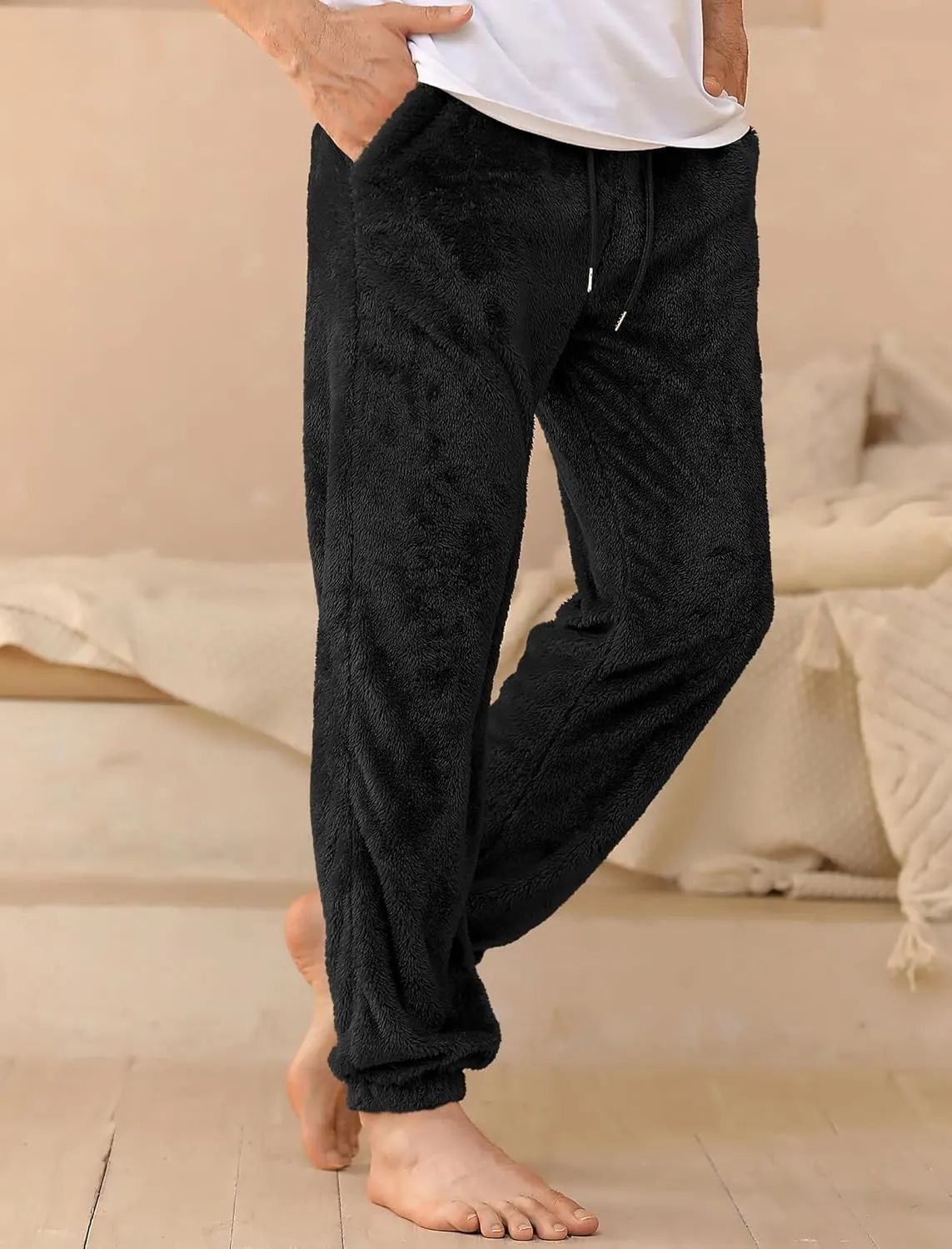 ZAFUL Mens Fluffy Teddy Beam Feet Plush Fuzzy Warm Pajama Pants Sleepwear Loungewear Trouser with Pockets