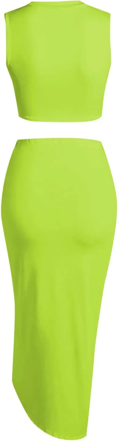ZAFUL Women's Casual Sleeveless Summer Two Piece Outfits Crop Top and Side Split Draped Ruched Maxi Skirt Set Solid Suiting