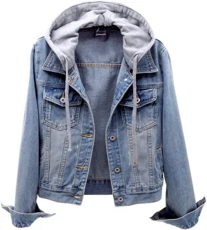 ZHUER Women's Oversize Denim Jacket Vintage Detachable Hoodies Casual Long Sleeve Button Up Boyfriend Jean Coat with Pocket