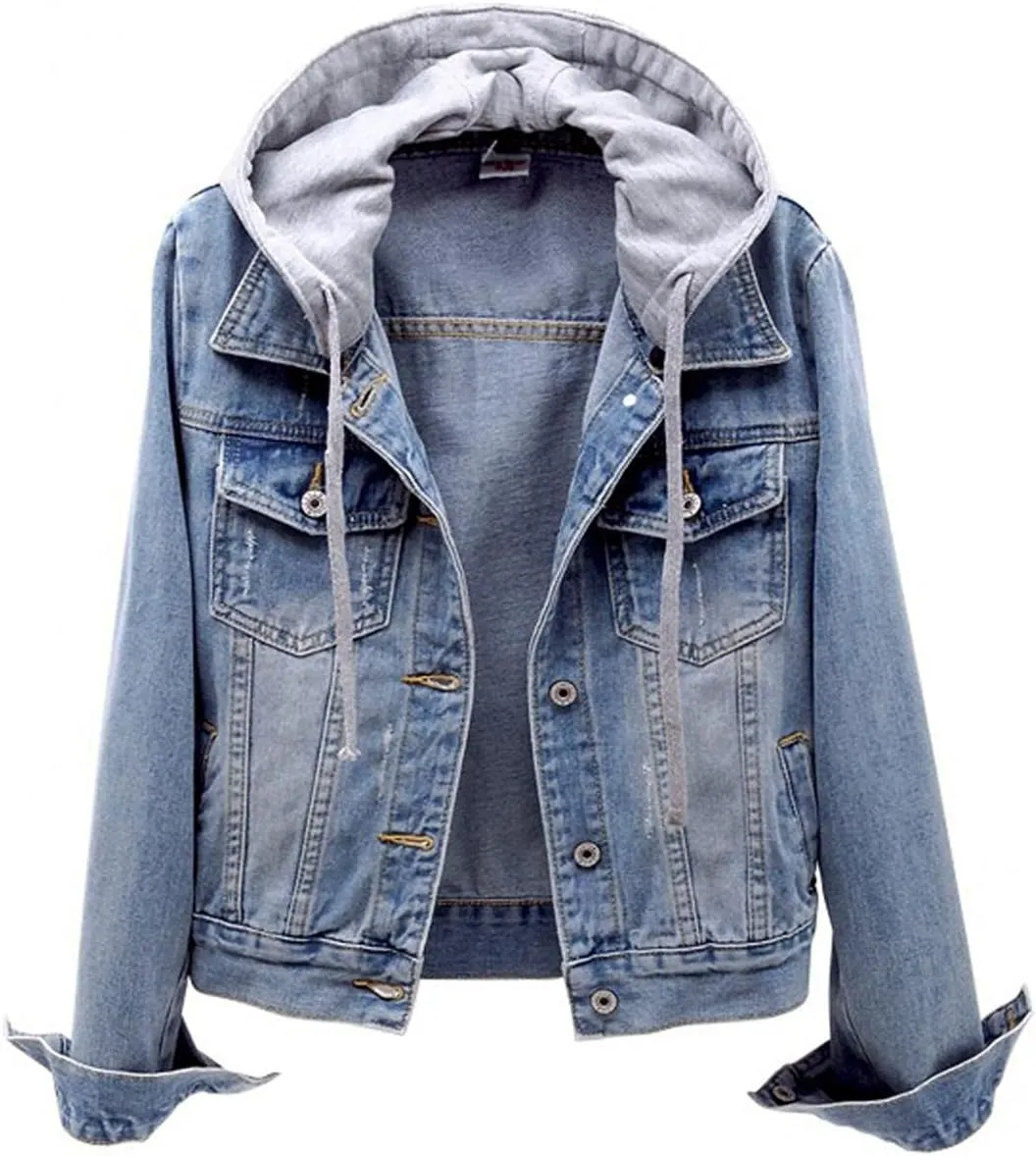 ZHUER Women's Oversize Denim Jacket Vintage Detachable Hoodies Casual Long Sleeve Button Up Boyfriend Jean Coat with Pocket